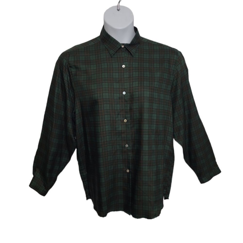 NEW‎ Mariano Rubinacci green tartan plaid silk button up blouse top 44/XL